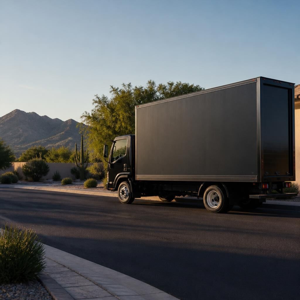 Unmarked box truck on a Phoenix-area street with desert mountains in the background